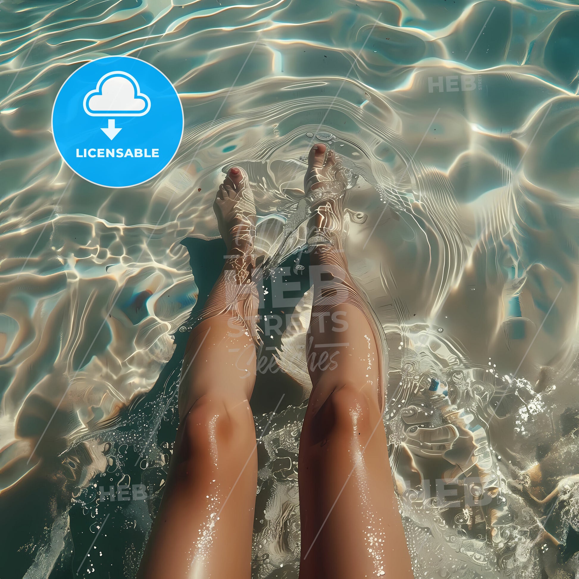 ï¼Œ Sitting on the beach with crossed legs - A persons legs in water