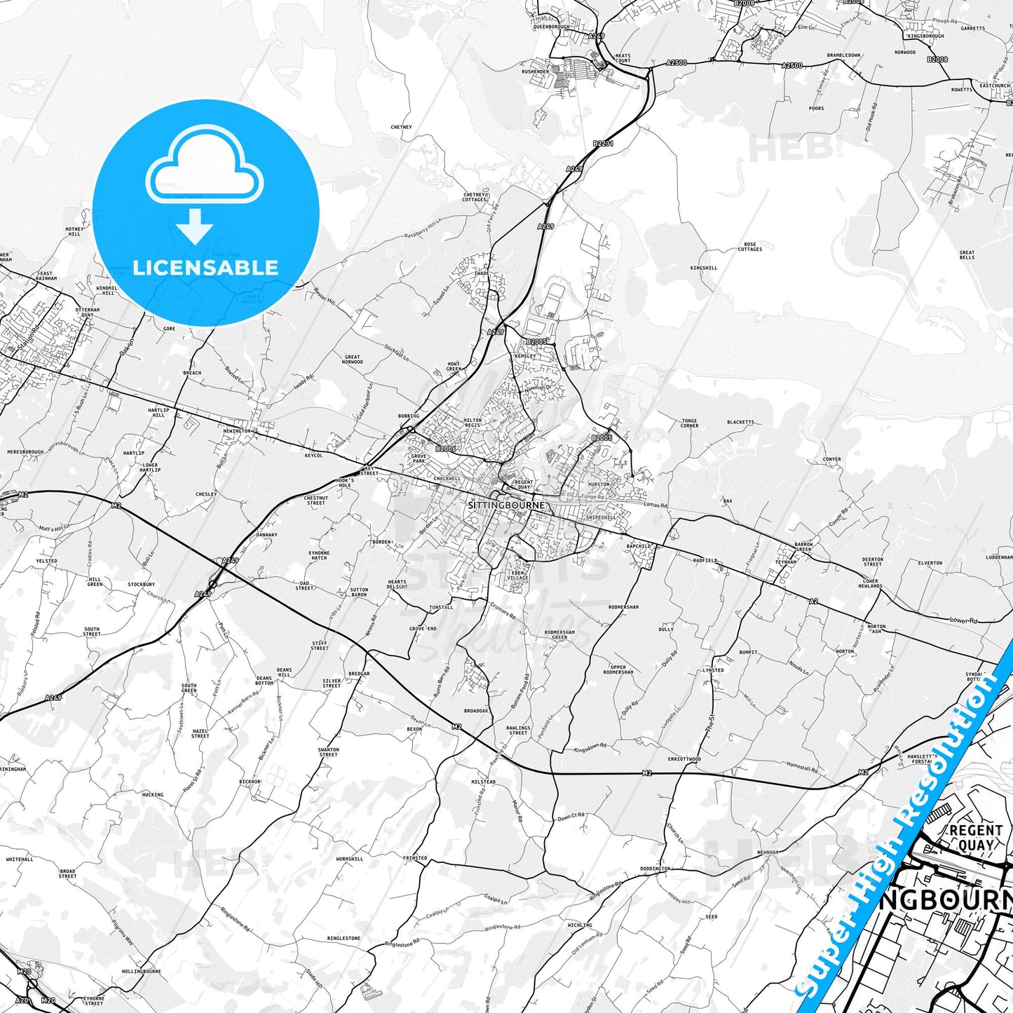 Sittingbourne, England light map with streetnames, citynames and districts