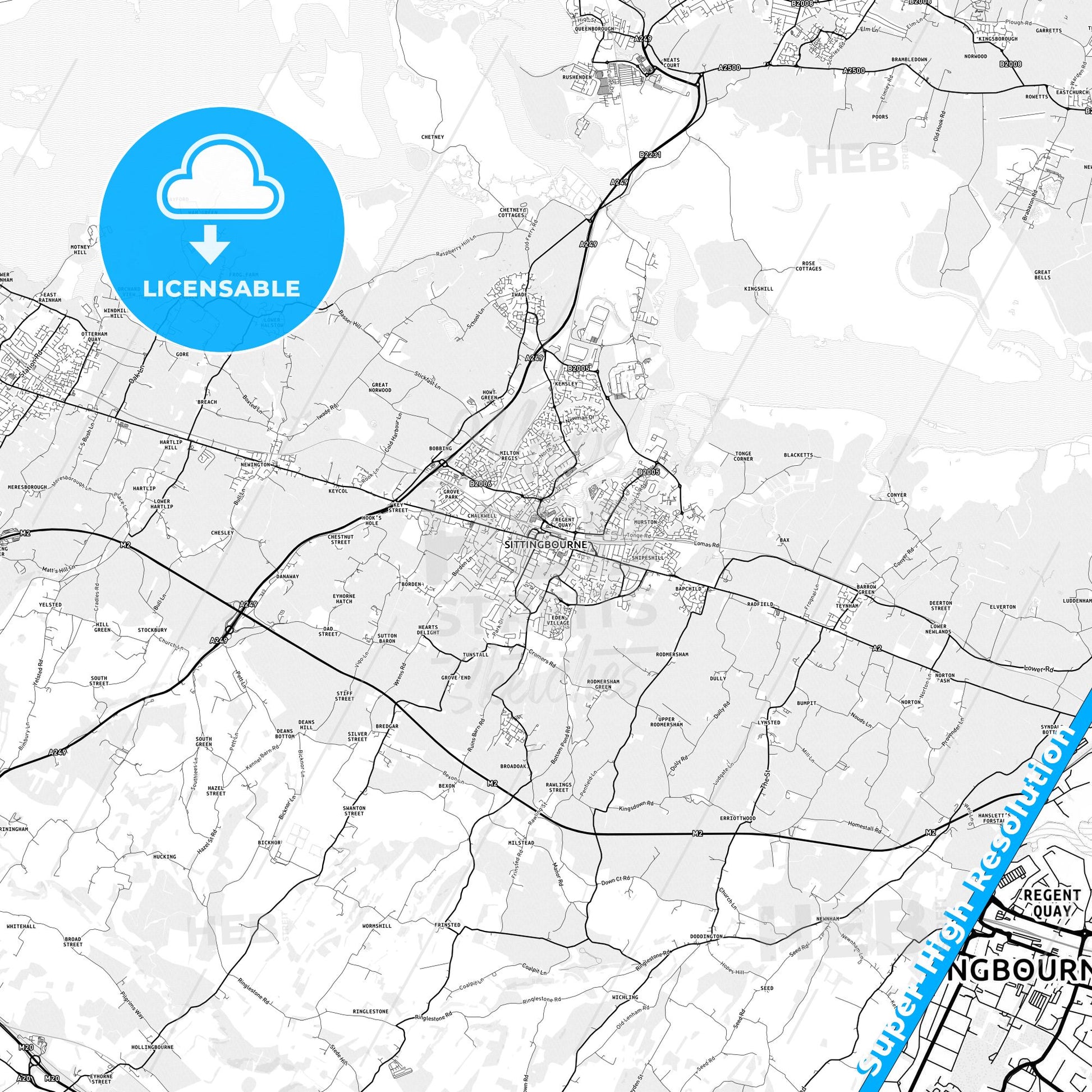 Sittingbourne, England light map with streetnames, citynames and districts