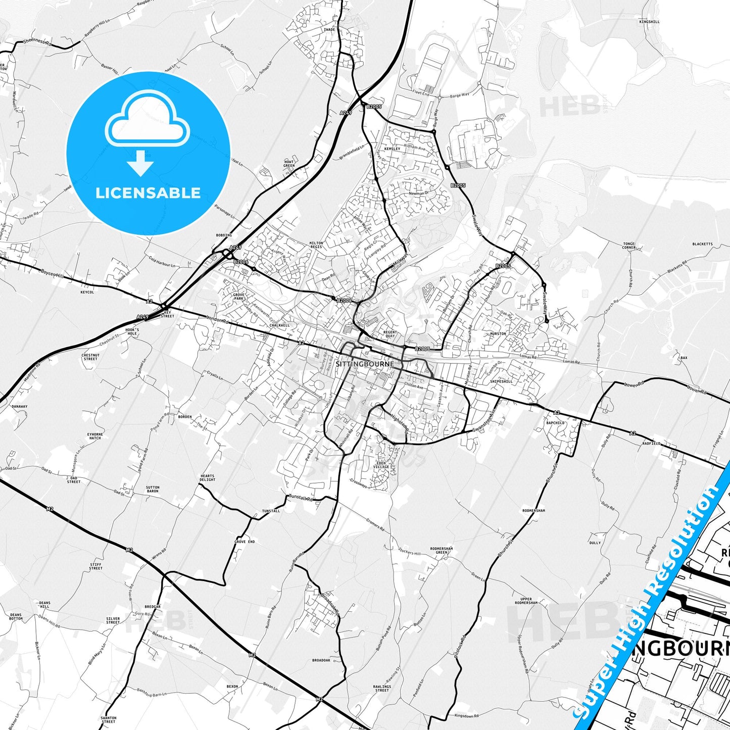 Sittingbourne, England Light Map with Street Names, City Names, and Districts