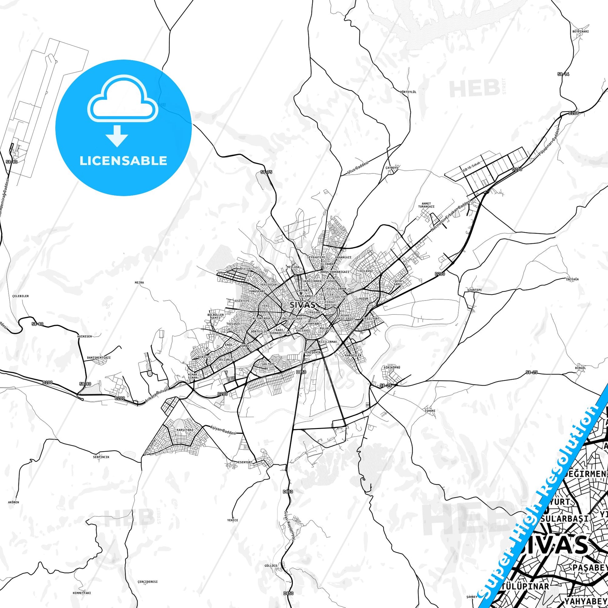 Sivas, Turkey light map with streetnames, citynames and districts