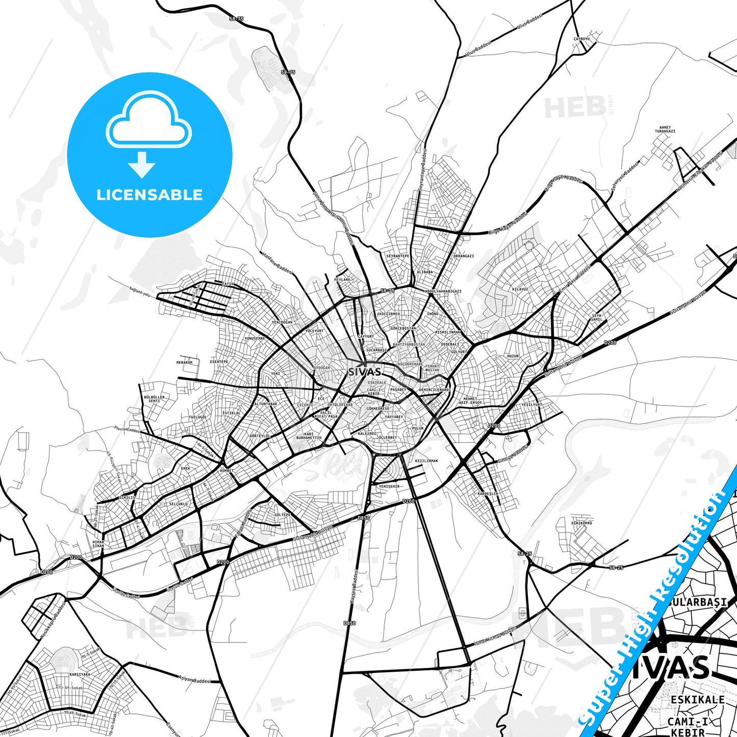 Sivas, Turkey Light Map with Street Names, City Names, and Districts