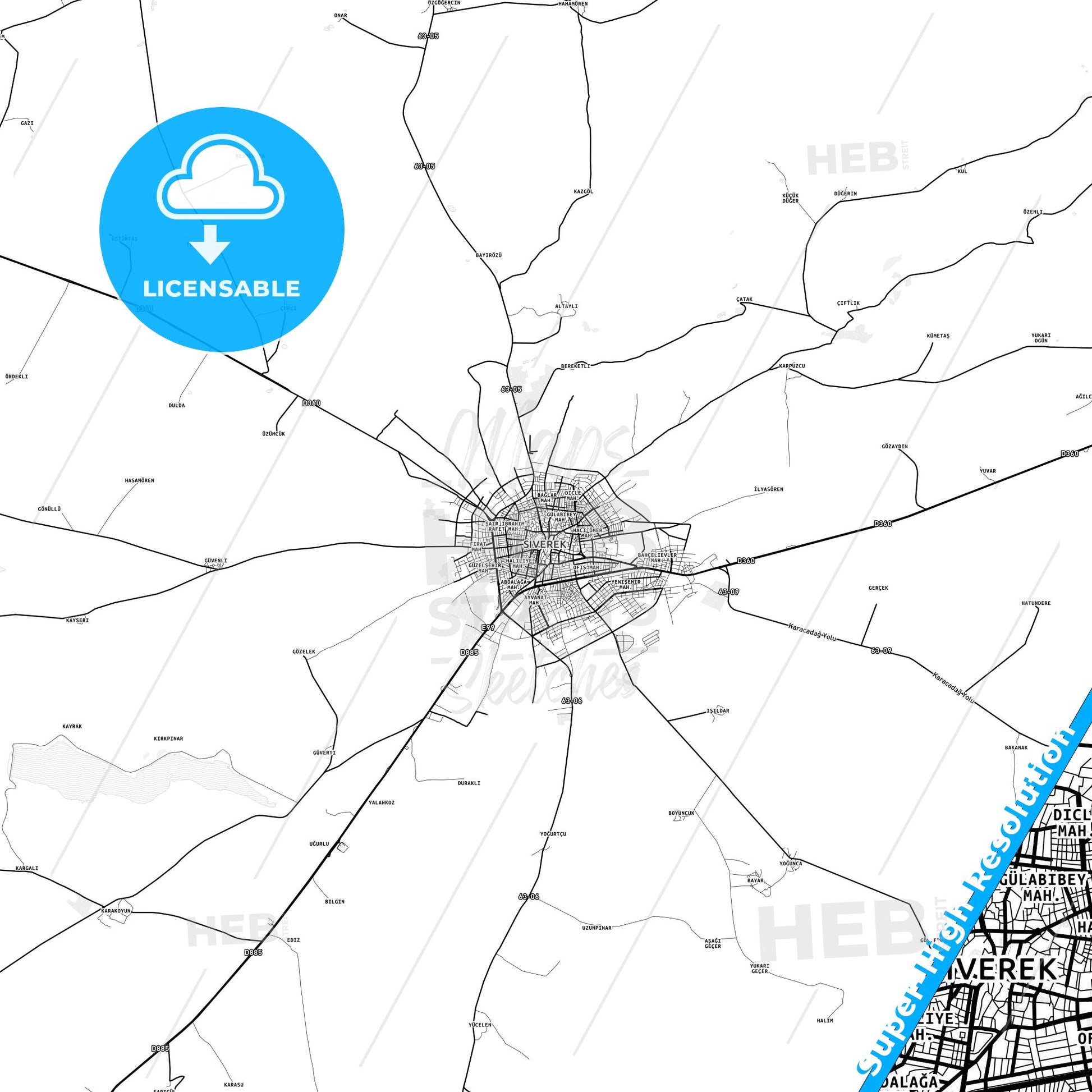 Siverek, Turkey light map with streetnames, citynames and districts