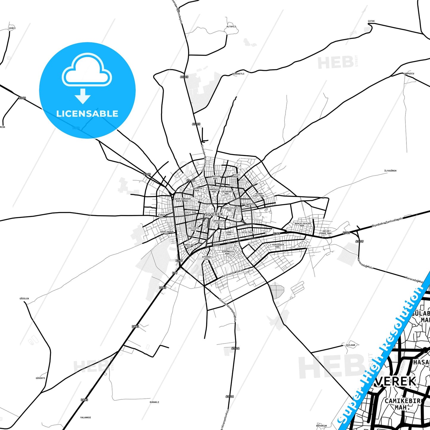 Siverek, Turkey Light Map with Street Names, City Names, and Districts