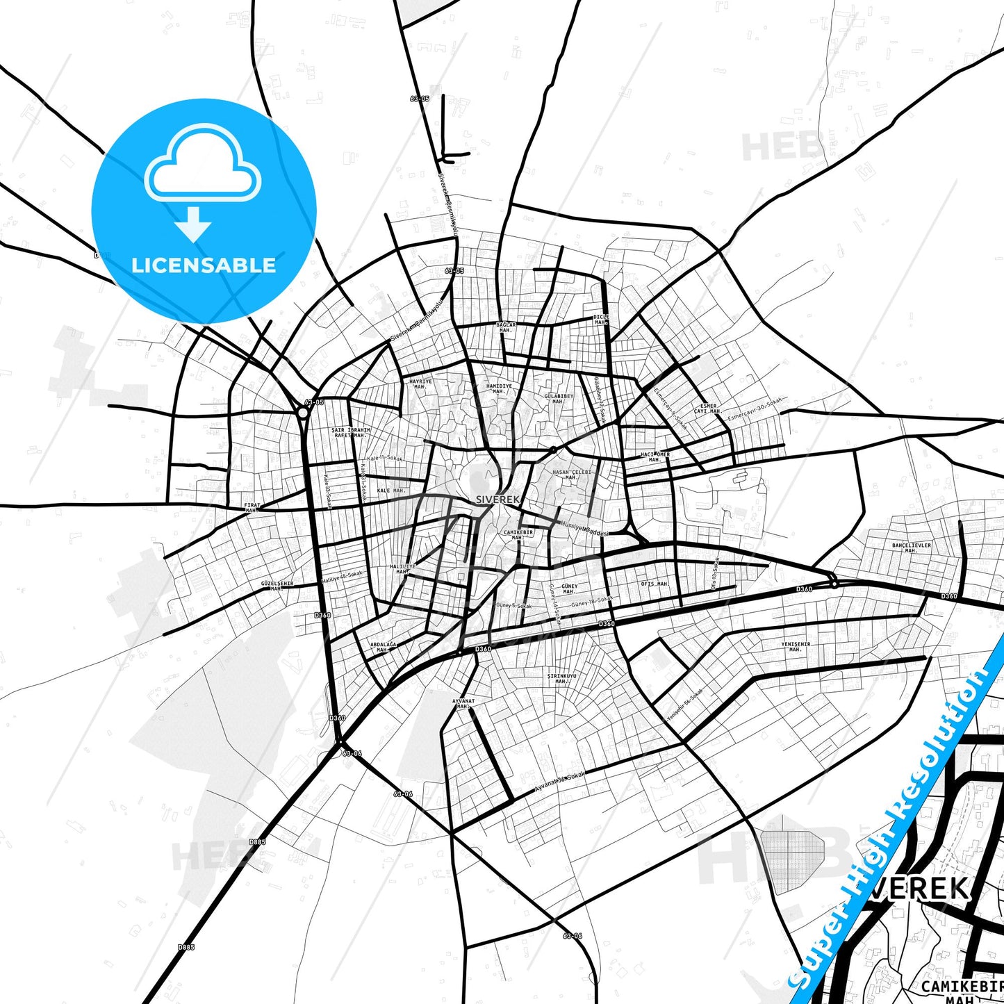 Siverek, Turkey Light Map with Street Names, City Names, and Districts