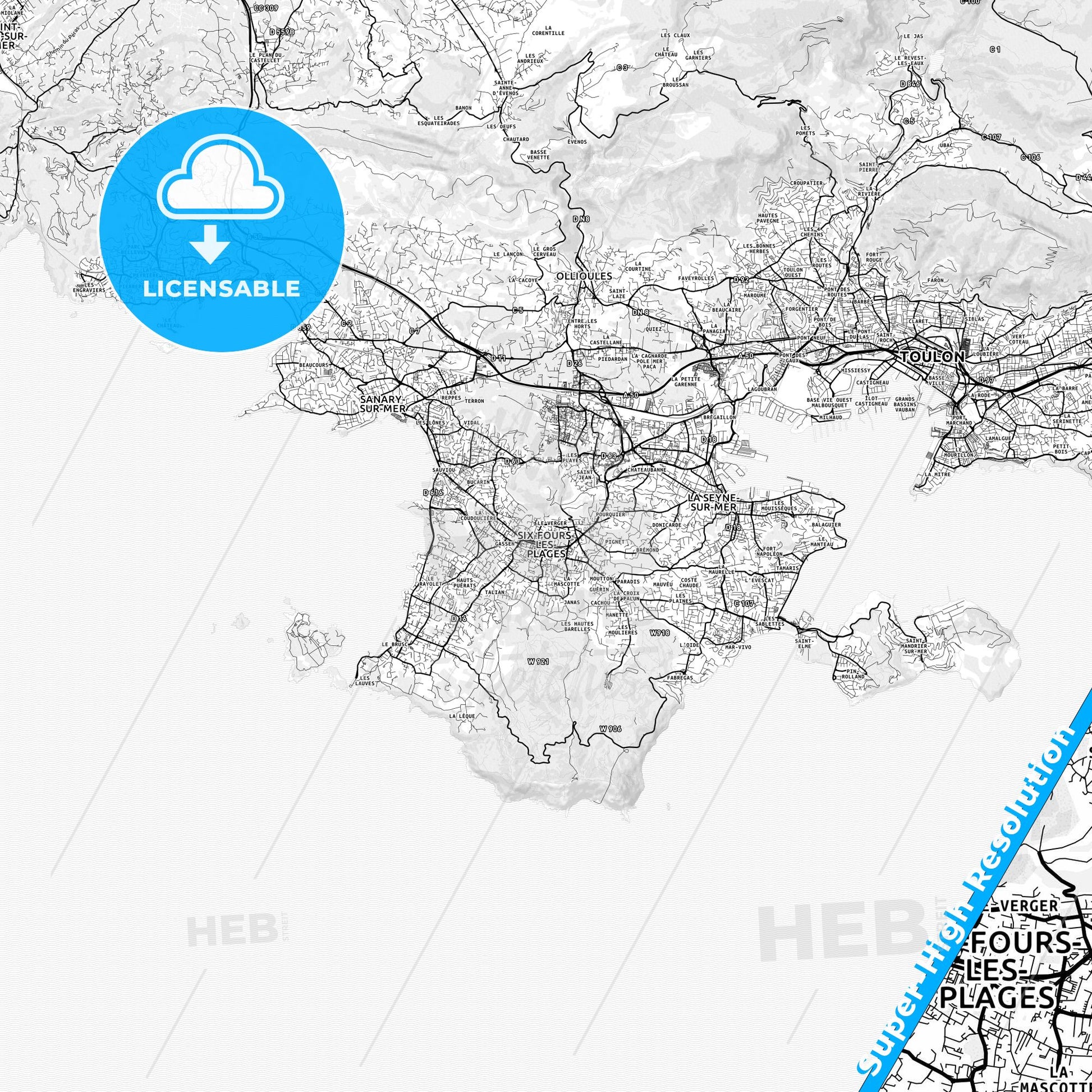 Six-Fours-les-Plages, France light map with streetnames, citynames and districts