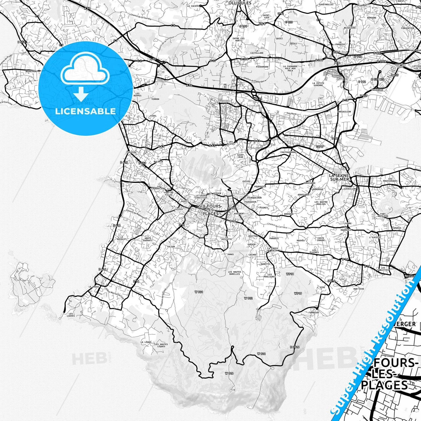 Six-Fours-les-Plages, France Light Map with Street Names, City Names, and Districts