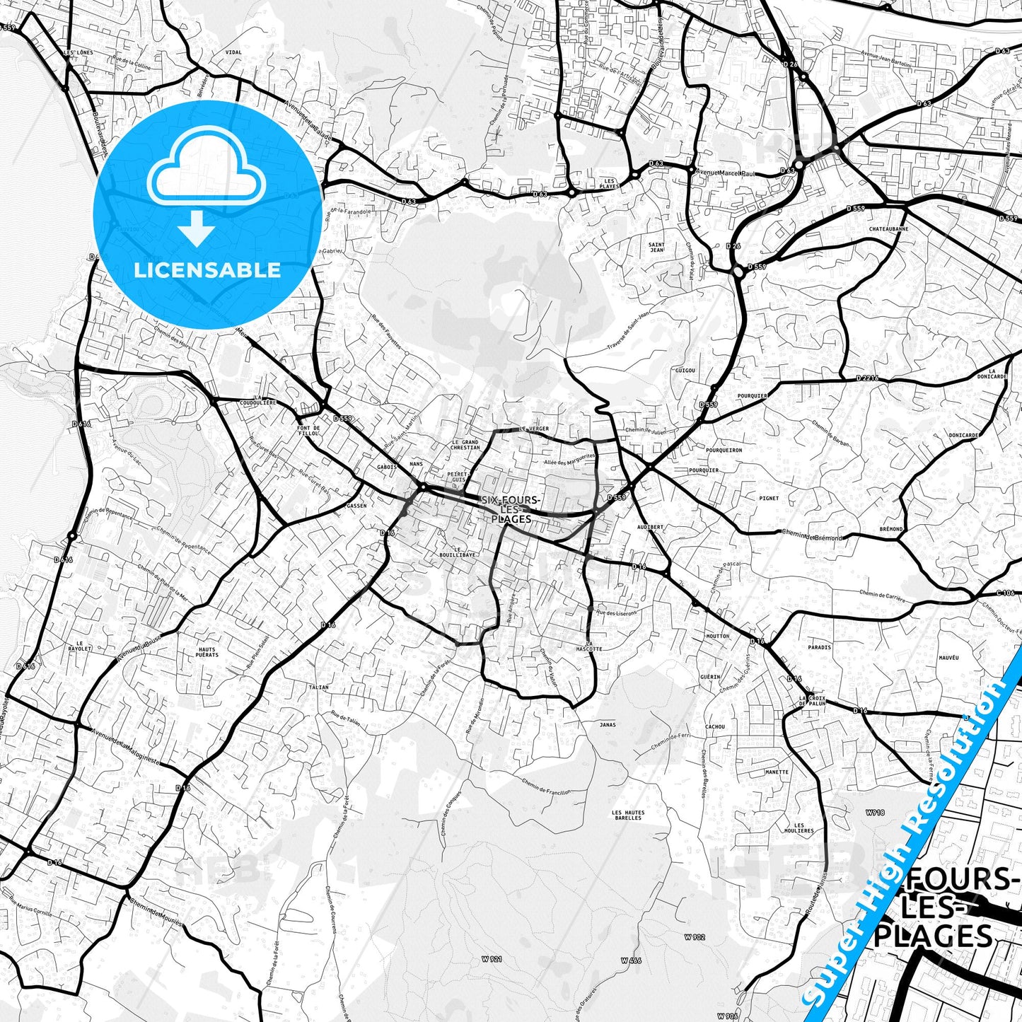 Six-Fours-les-Plages, France Light Map with Street Names, City Names, and Districts