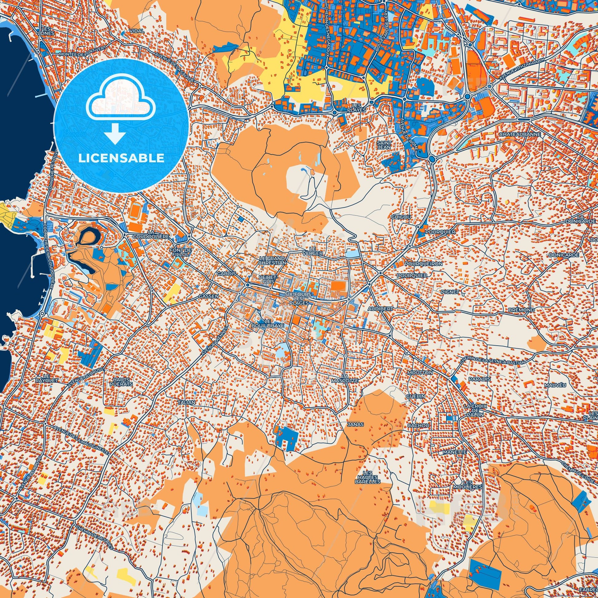 Colorful Six-Fours-les-Plages Street Map with Labels and Buildings
