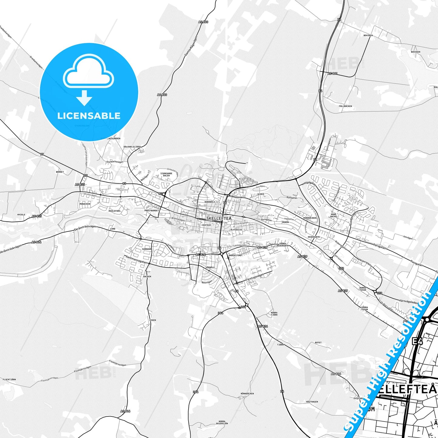 Skellefteå, Sweden light map with streetnames, citynames and districts