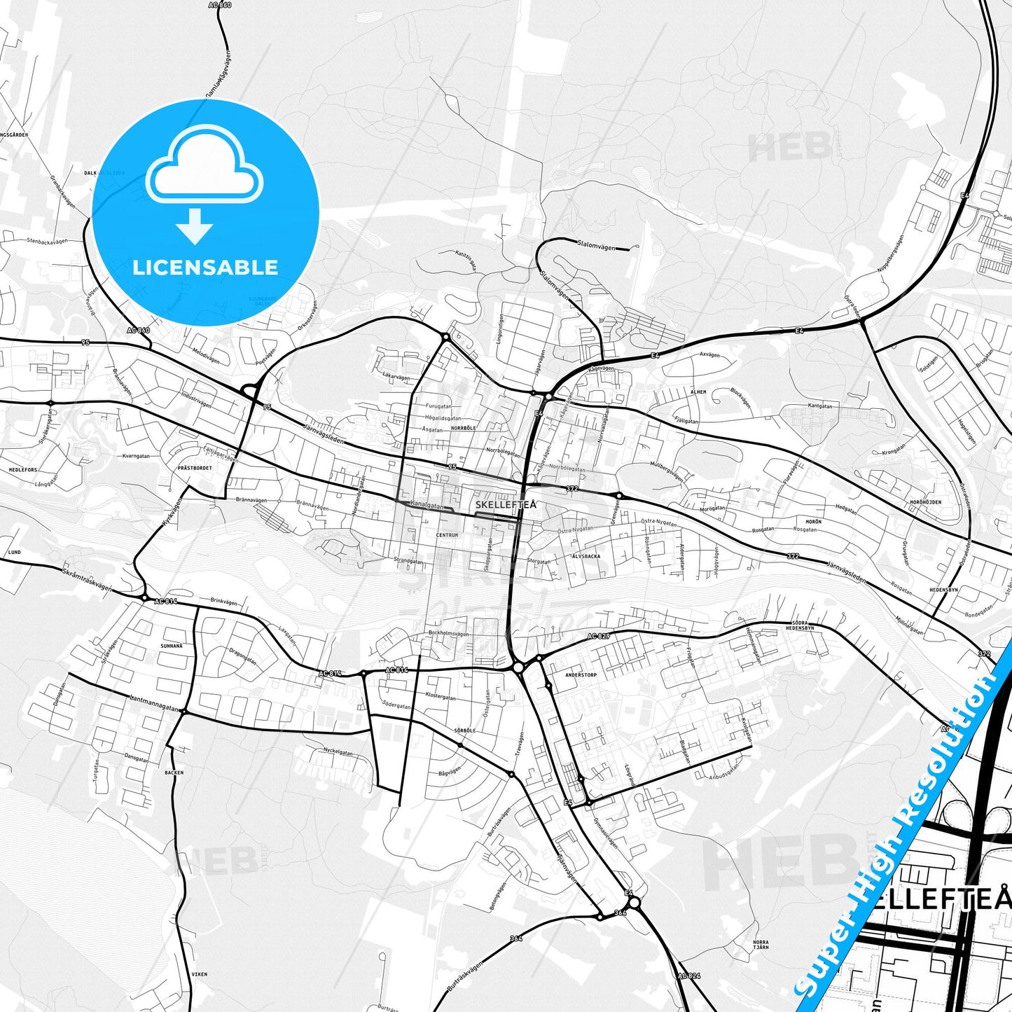 Skellefteå, Sweden Light Map with Street Names, City Names, and Districts