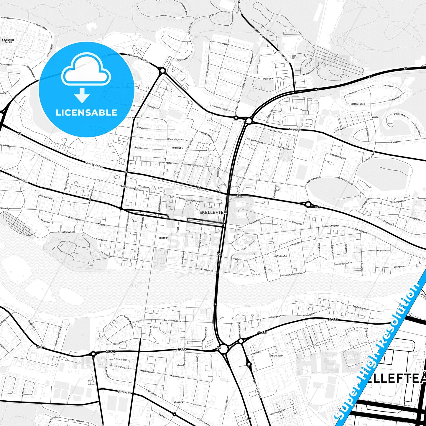 Skellefteå, Sweden Light Map with Street Names, City Names, and Districts