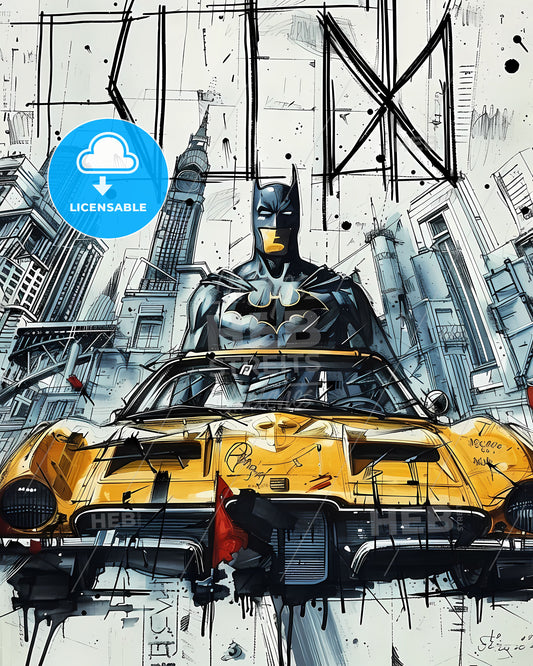 Comic Book Cover of a Superhero in a Yellow Car: Vibrant Painting with Superheroes and Cars