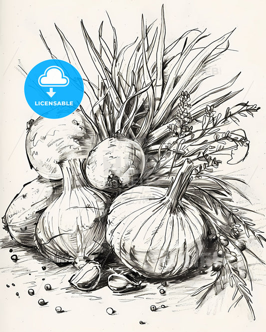 Vibrant, Artistic Kitchen Countertop Sketch: Onions, Garlic, Vegetable Painting