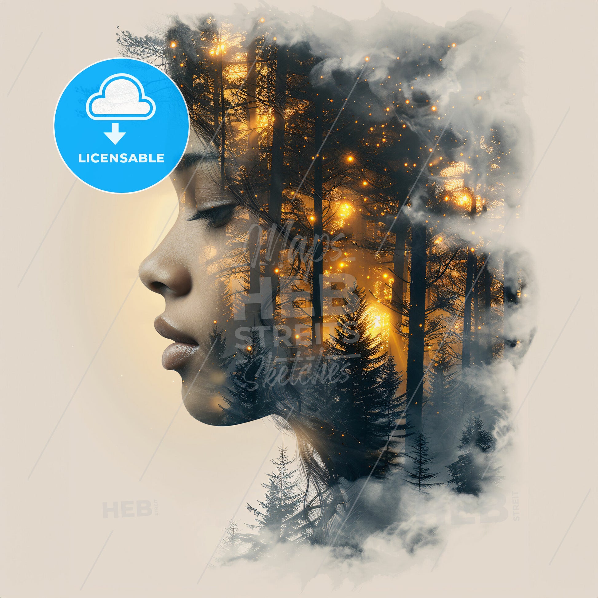 Sketches of the Surreal - A womans face with a forest in the background