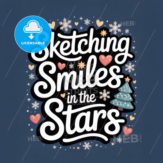 Whimsical Typography Design Featuring 'Sketching Smiles in the Stars' with Festive Elements and Colorful Accents.