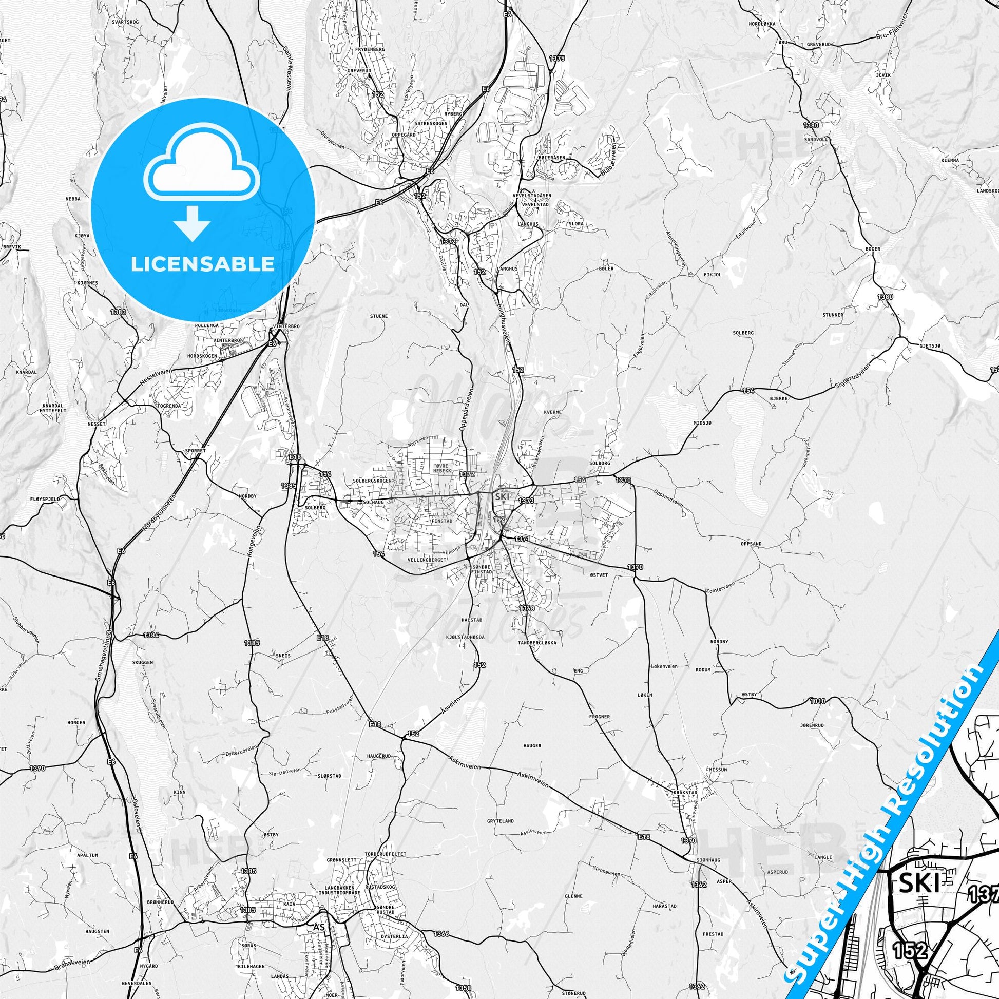 Ski, Norway light map with streetnames, citynames and districts