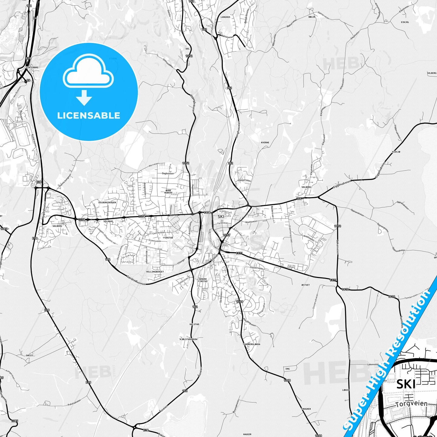 Ski, Norway Light Map with Street Names, City Names, and Districts
