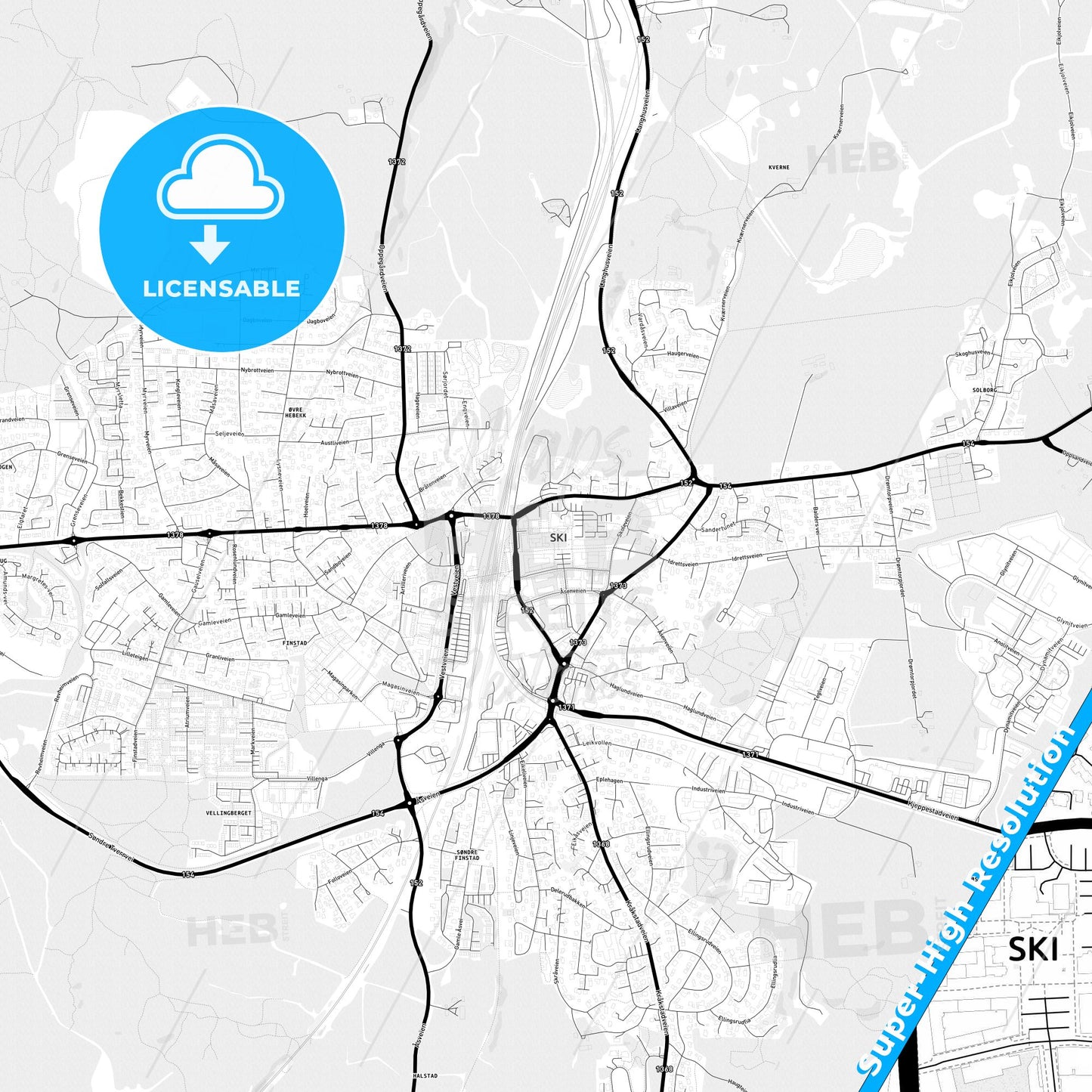 Ski, Norway Light Map with Street Names, City Names, and Districts