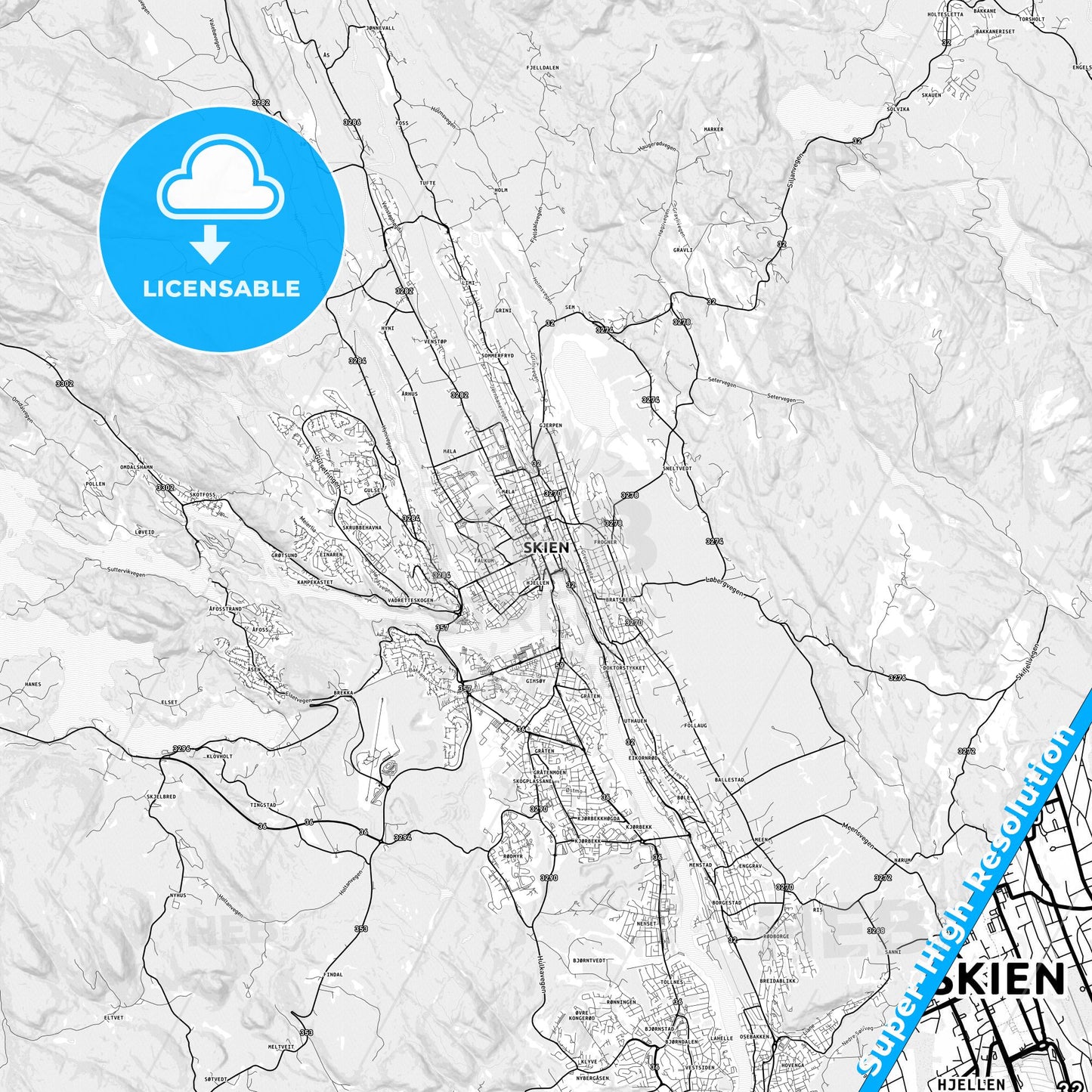 Skien, Norway light map with streetnames, citynames and districts