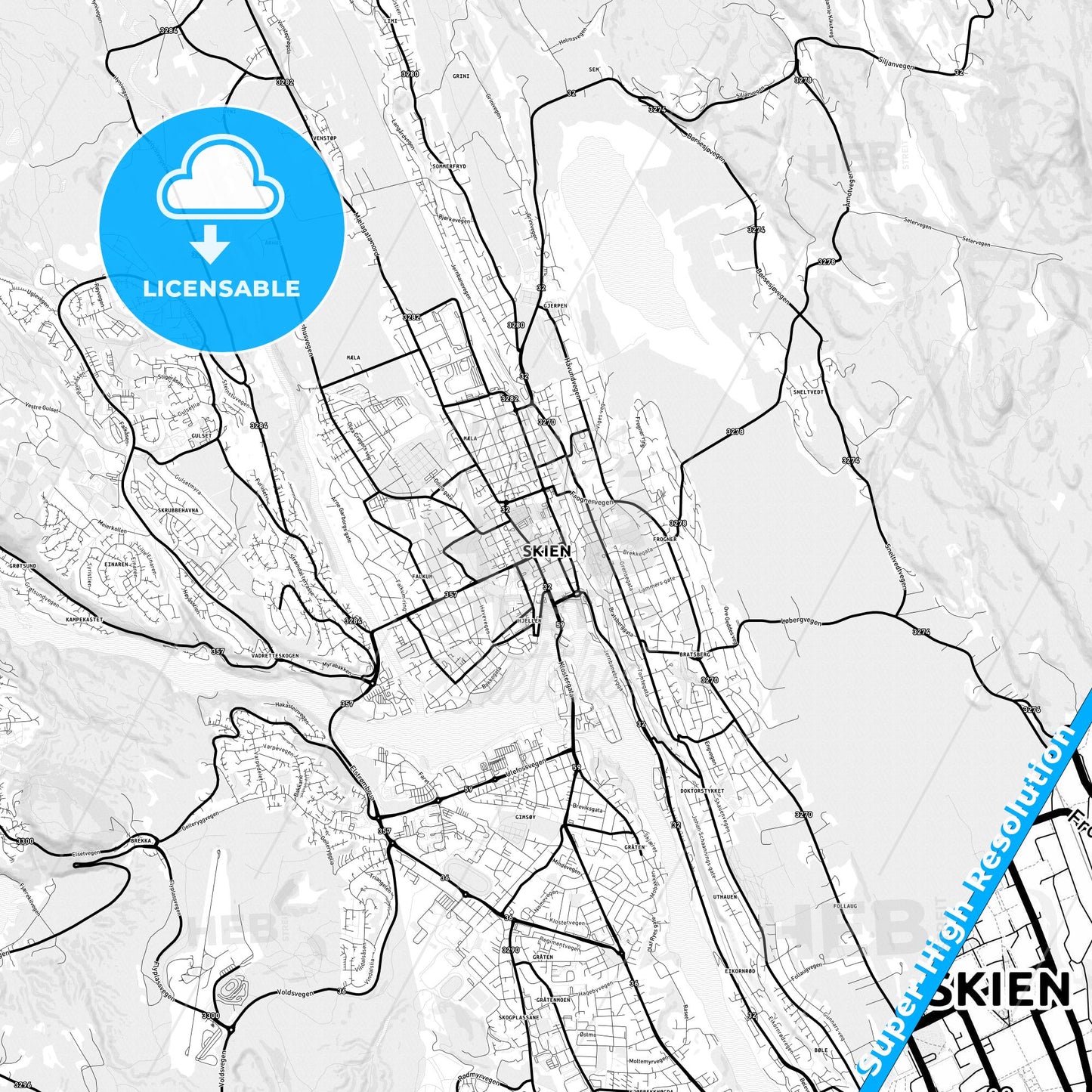 Skien, Norway Light Map with Street Names, City Names, and Districts
