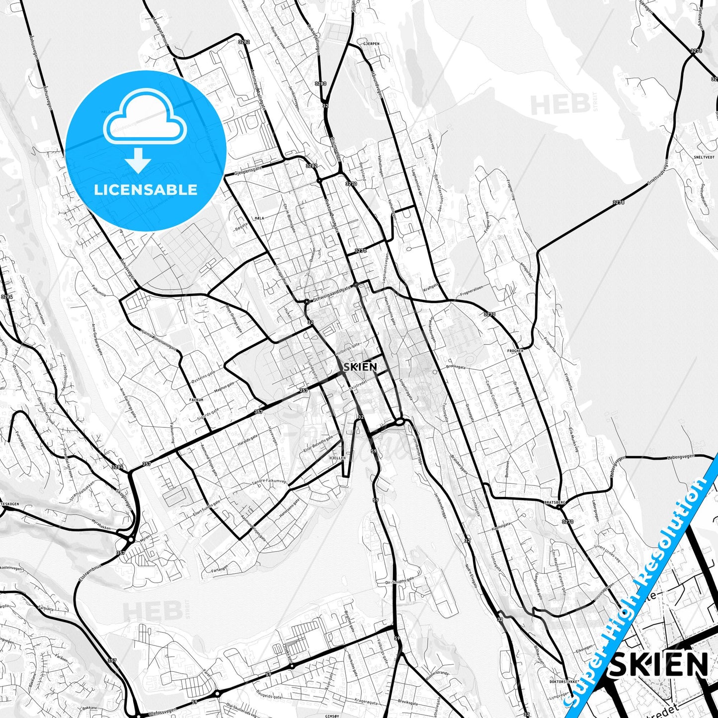 Skien, Norway Light Map with Street Names, City Names, and Districts