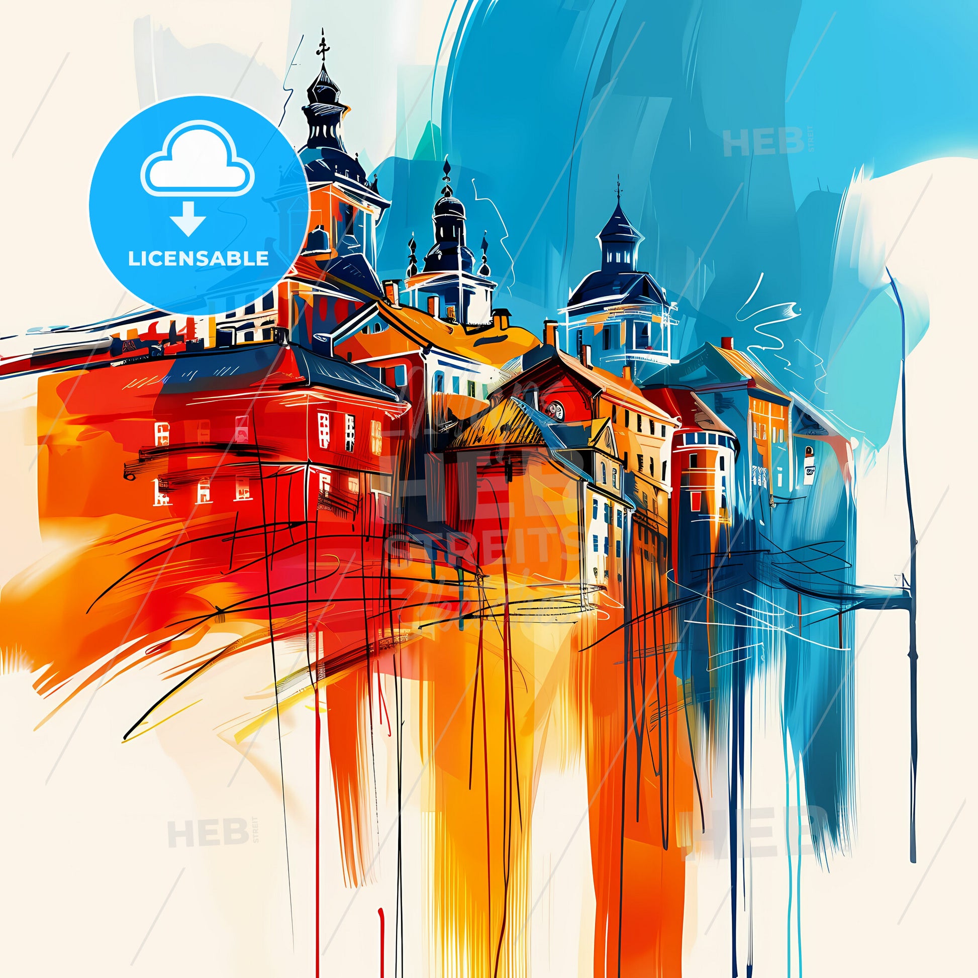 Vibrant Skien, Norway - A Painting Of Buildings And A Street Light