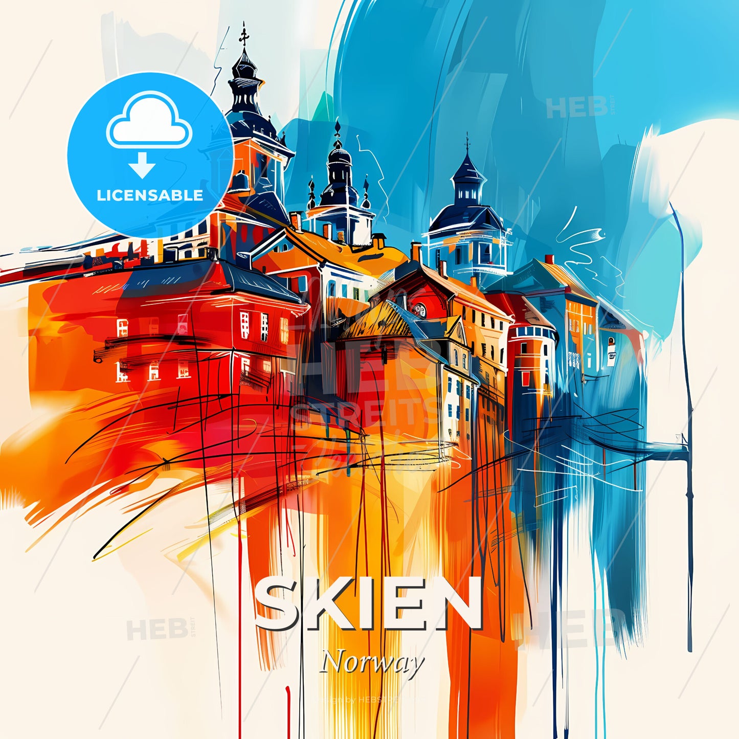 Vibrant Skien, Norway - A Painting Of Buildings And A Street Light - Square format print template