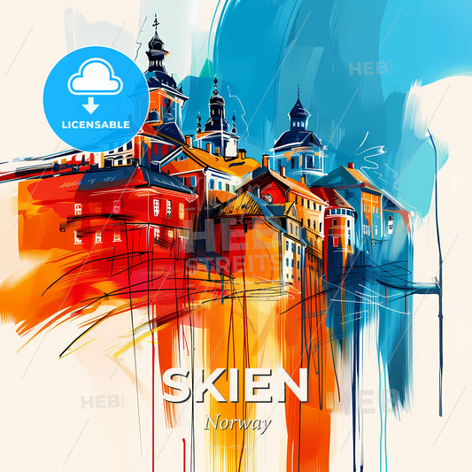 Vibrant Skien, Norway - A Painting Of Buildings And A Street Light - Square format print template
