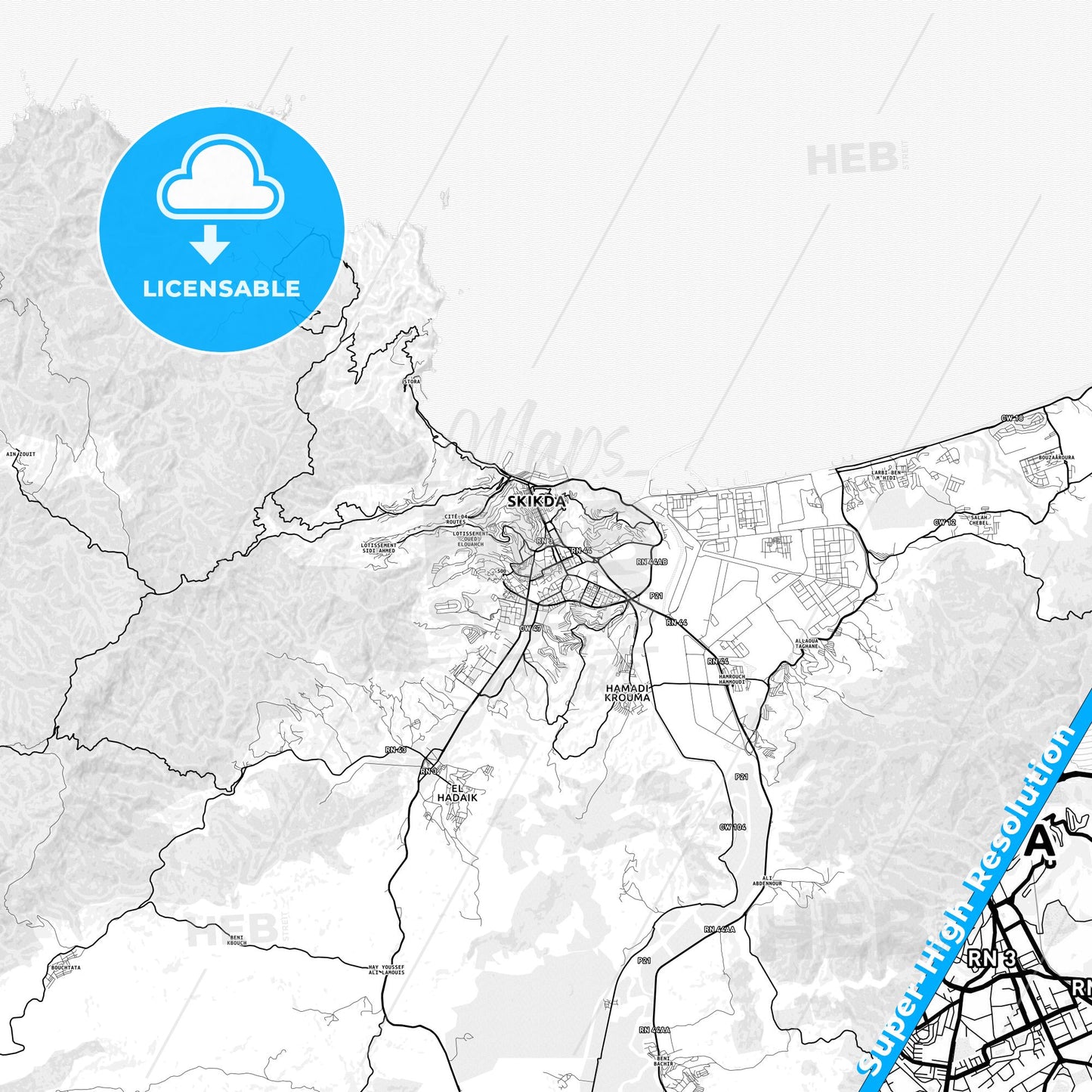 Skikda, Algeria light map with streetnames, citynames and districts