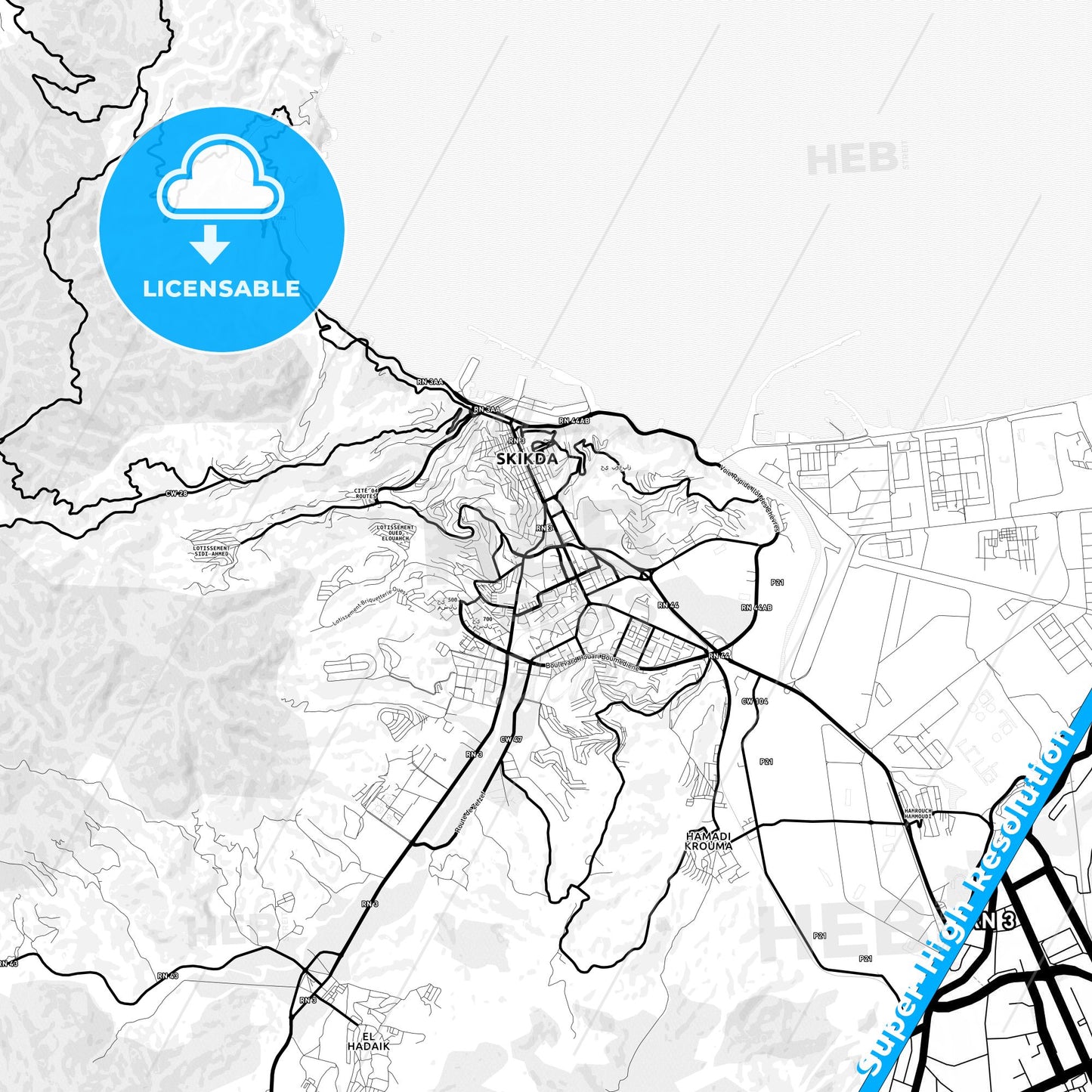 Skikda, Algeria Light Map with Street Names, City Names, and Districts