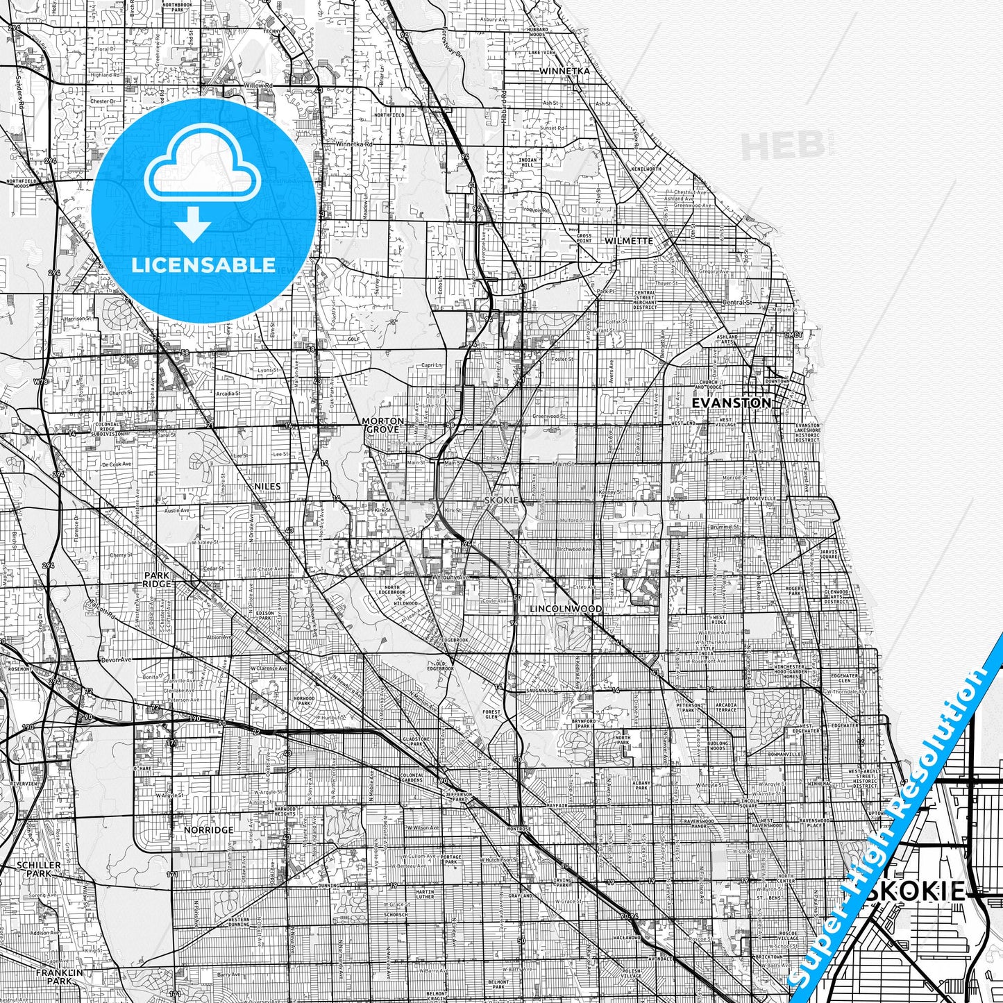 Skokie, Illinois light map with streetnames, citynames and districts