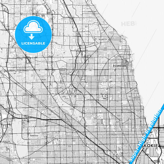Skokie, Illinois light map with streetnames, citynames and districts