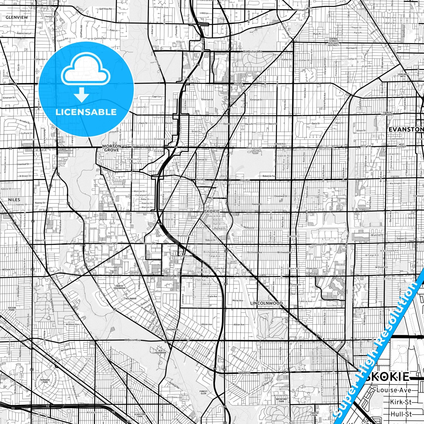 Skokie, Illinois Light Map with Street Names, City Names, and Districts