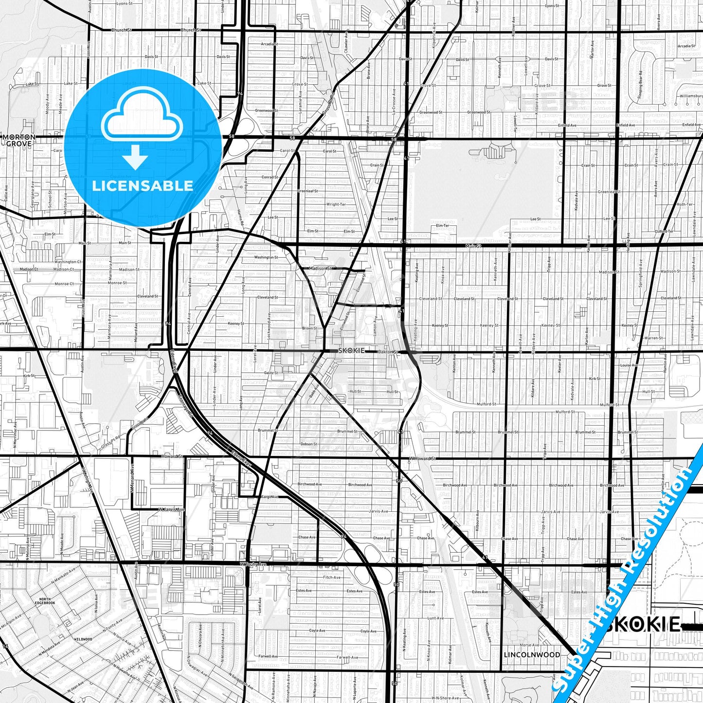Skokie, Illinois Light Map with Street Names, City Names, and Districts