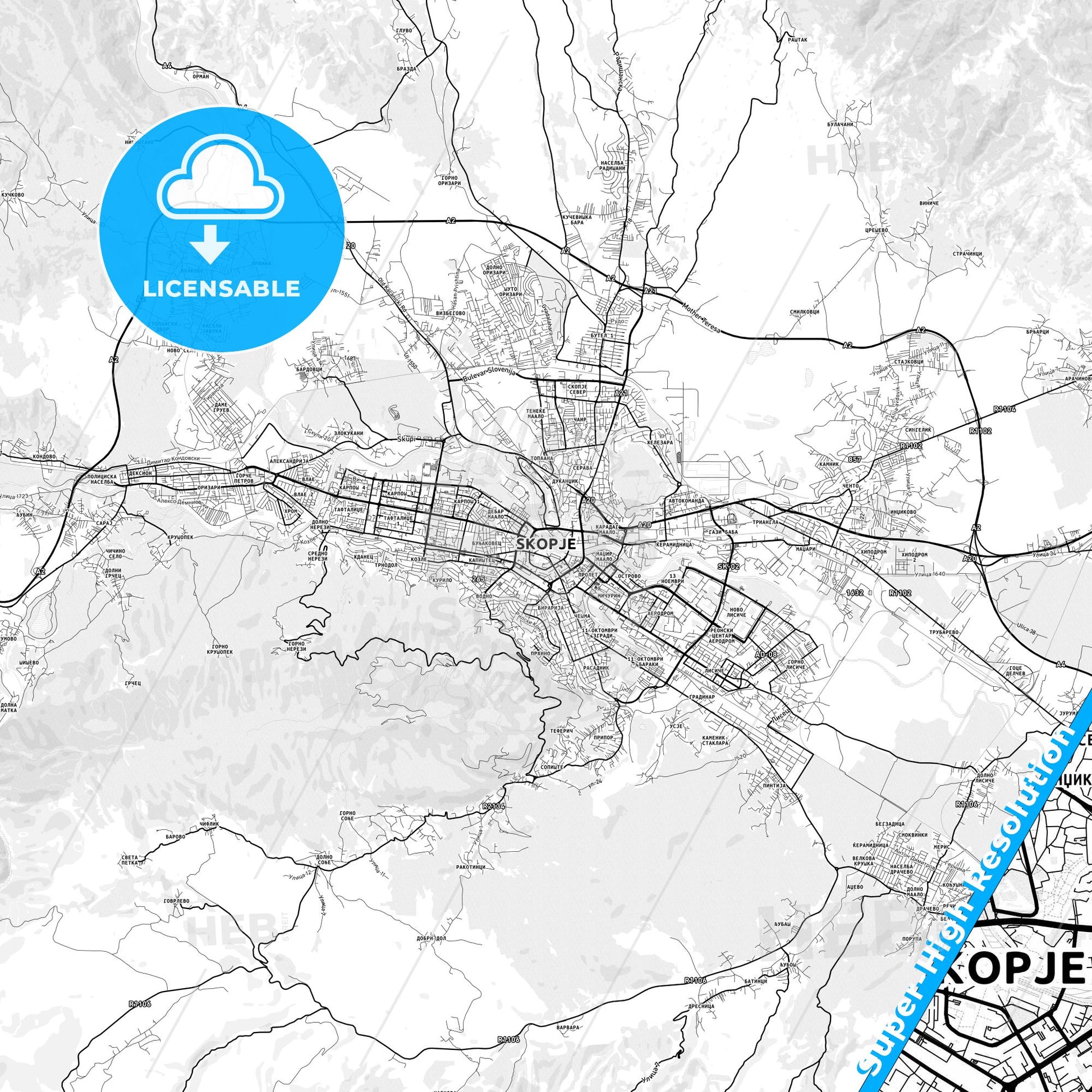 Skopje, North Macedonia light map with streetnames, citynames and districts