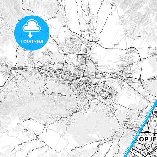 Skopje, North Macedonia light map with streetnames, citynames and districts