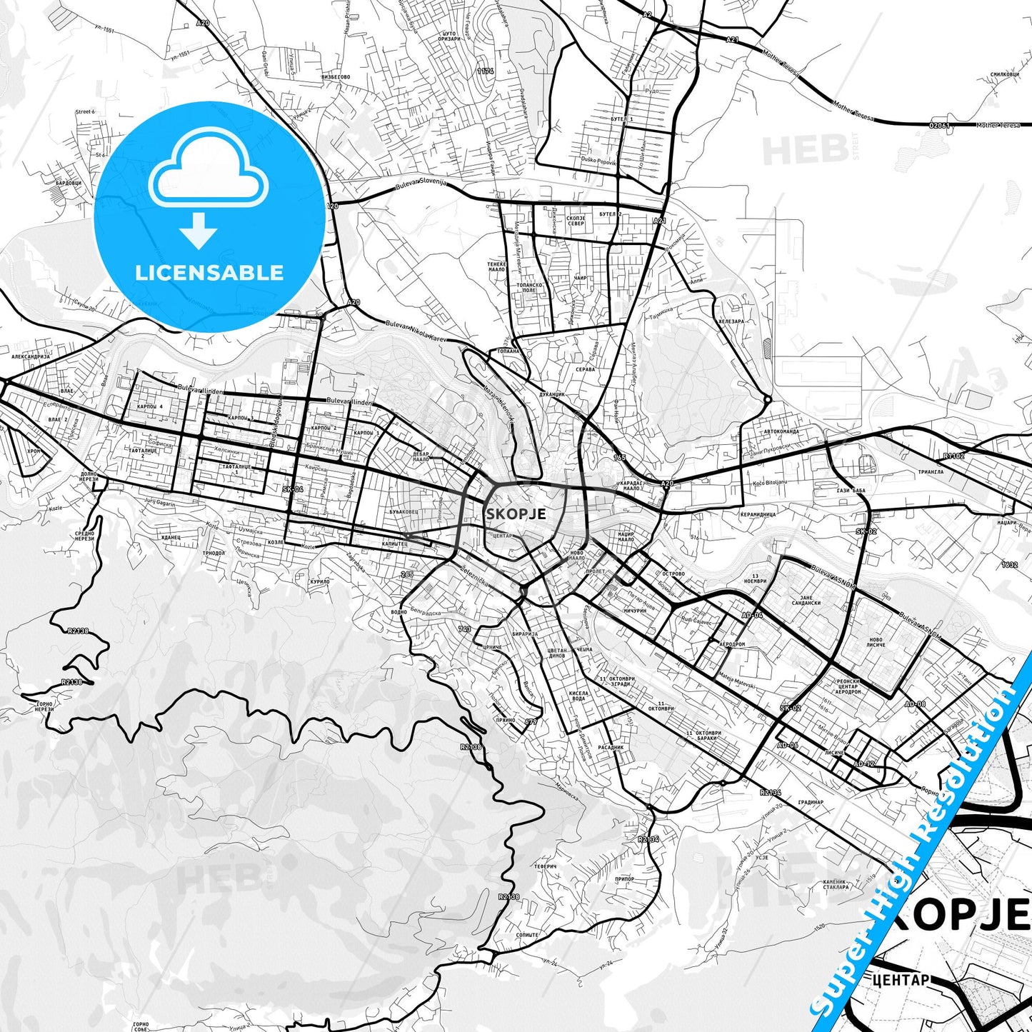 Skopje, North Macedonia Light Map with Street Names, City Names, and Districts