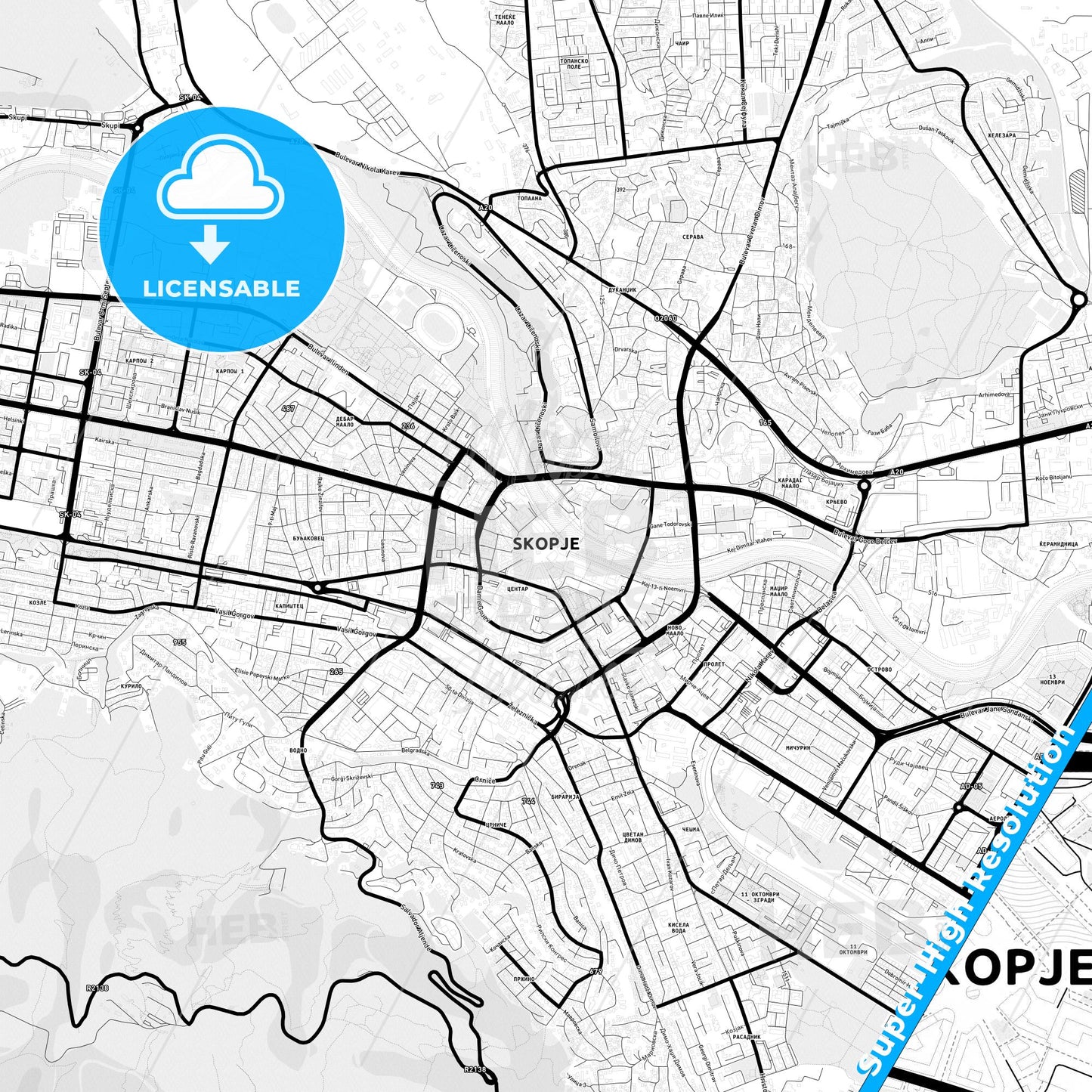 Skopje, North Macedonia Light Map with Street Names, City Names, and Districts