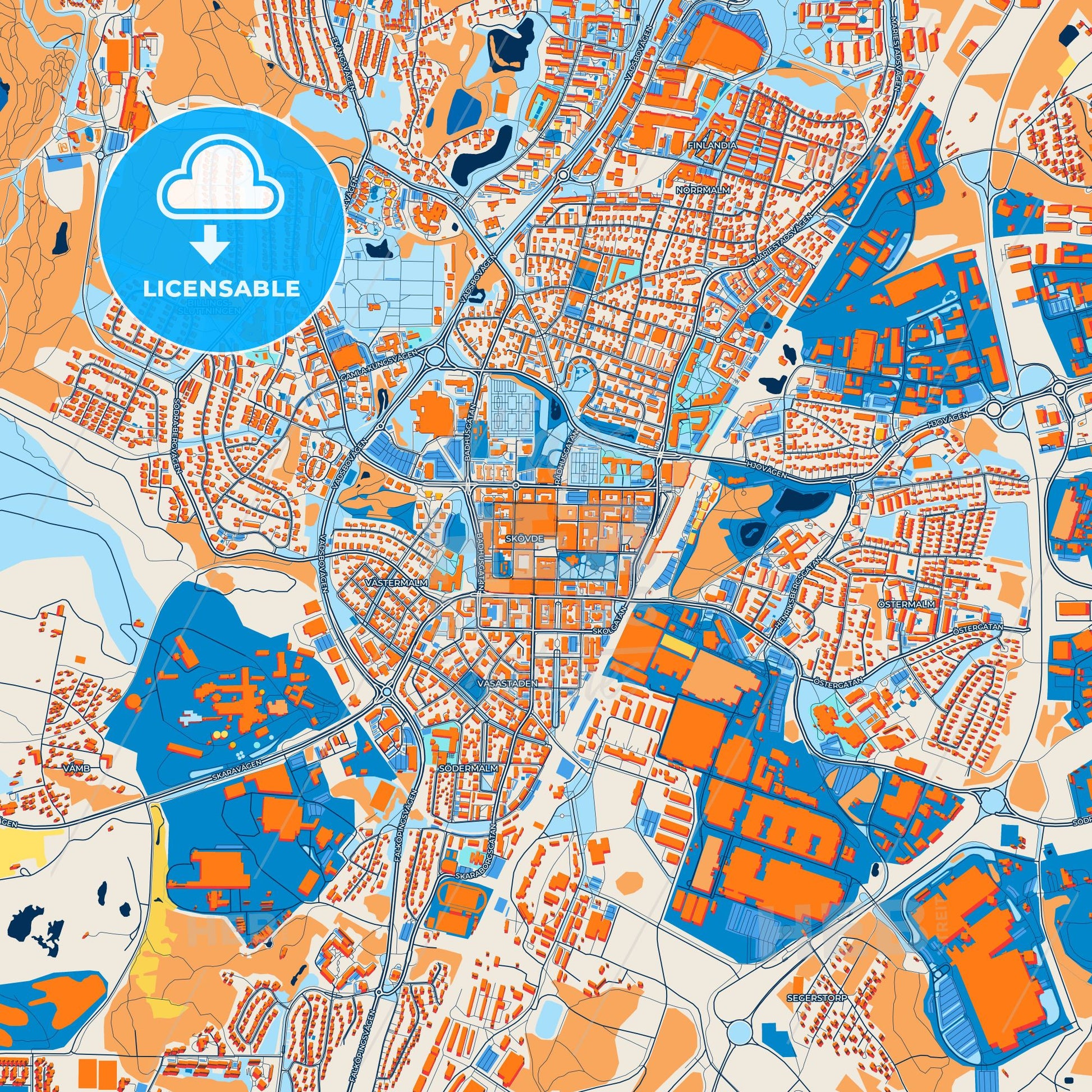 Colorful Skövde Street Map with Labels and Buildings
