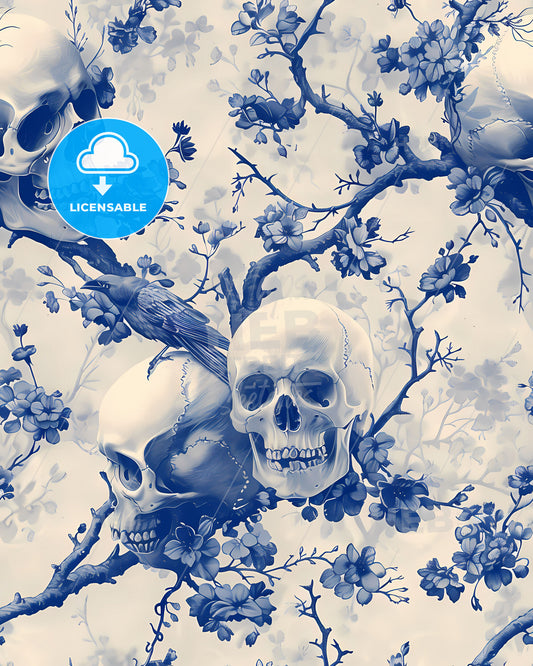 Striking 18th Century Chinoiserie Wallpaper Pattern with Skulls, Ravens, Tree Branch, Strong Linework, Macabre Motifs, Blue and White Contrast