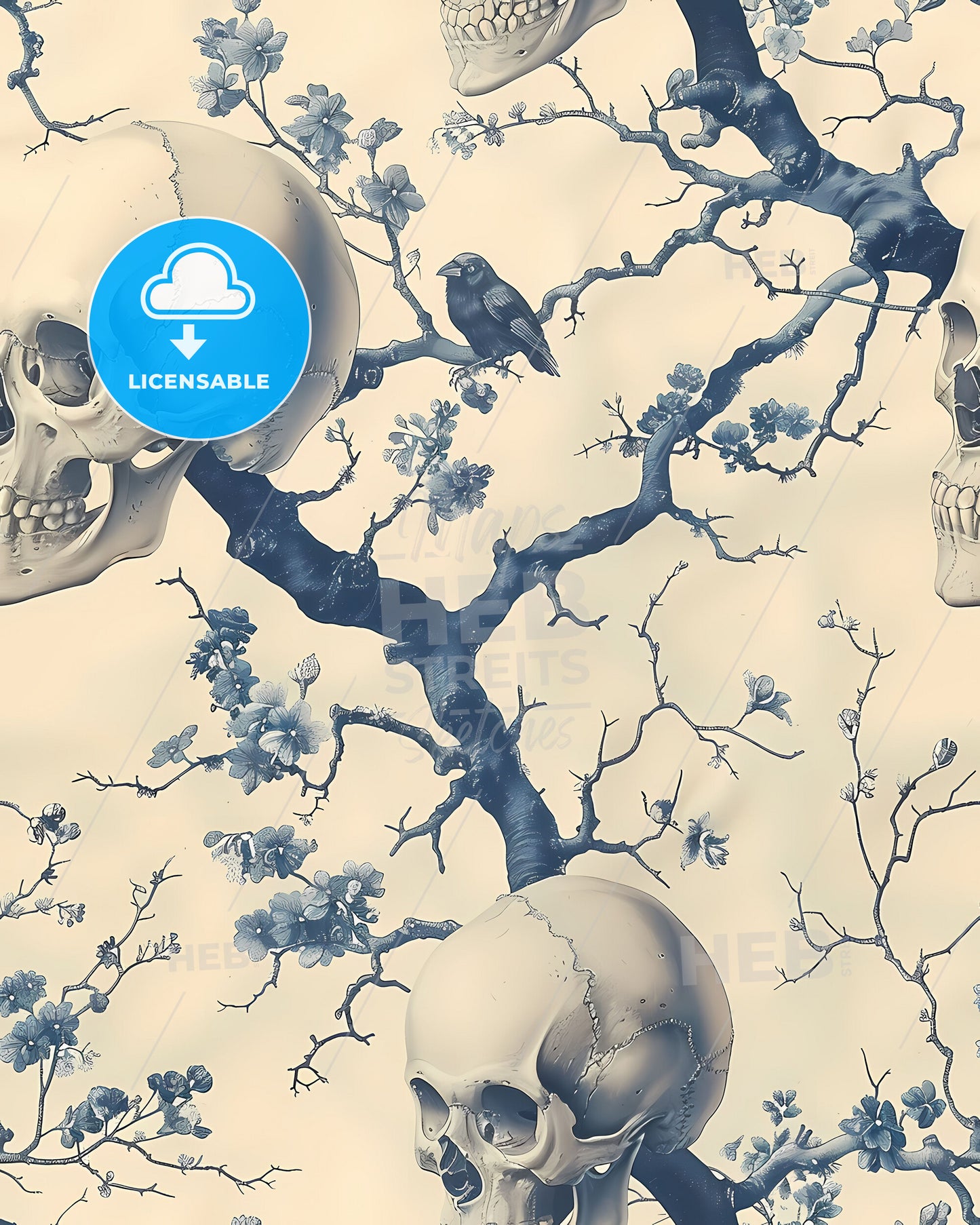 Blue and white chinoiserie wallpaper with skulls, ravens, and a skull and bird on a tree, 18th century, macabre, strong linework, painting, art