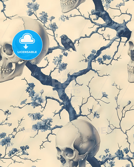 Blue and white chinoiserie wallpaper with skulls, ravens, and a skull and bird on a tree, 18th century, macabre, strong linework, painting, art