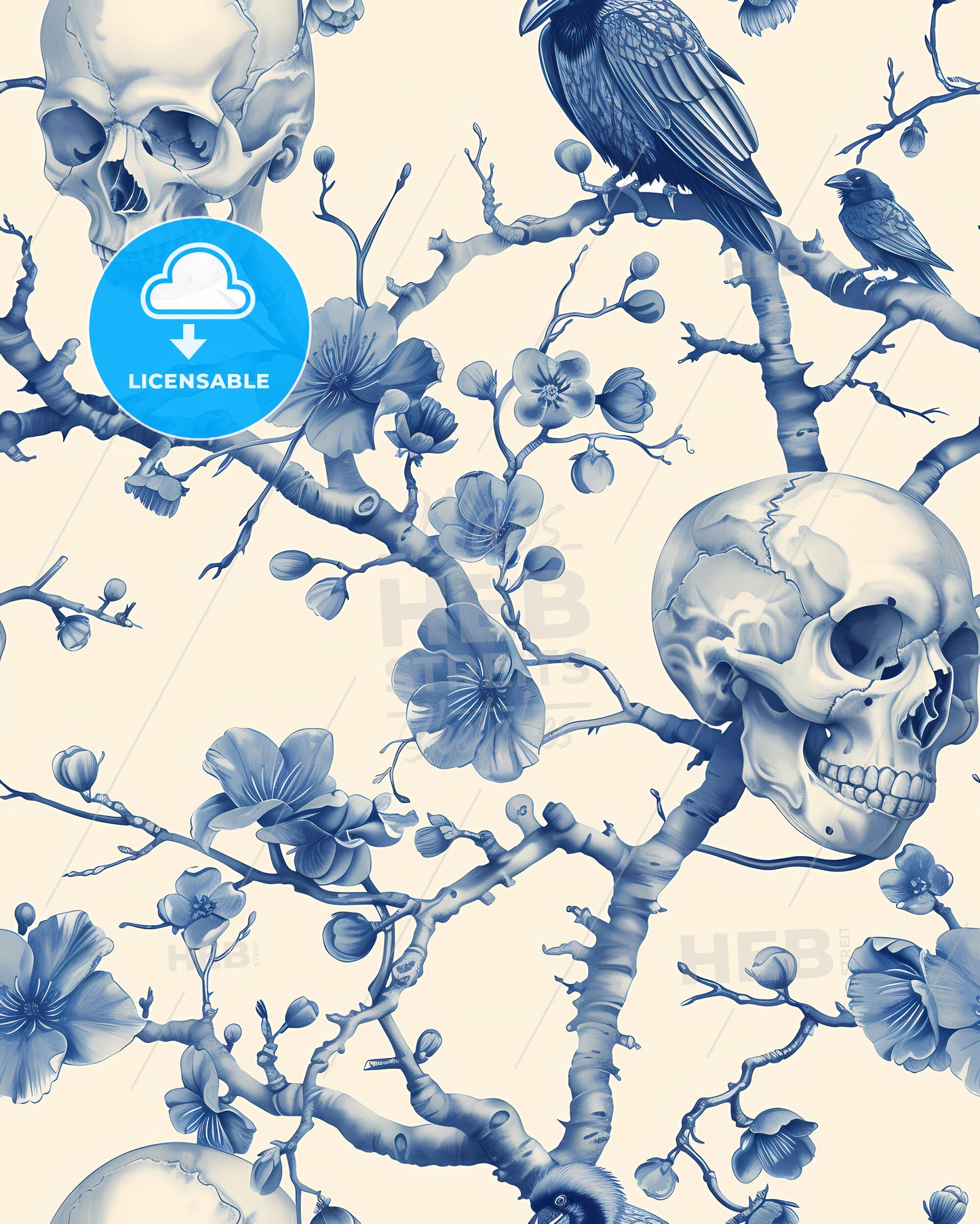 18th-century Chinoiserie Skull and Raven Wallpaper Motif in Vibrant Blue and White