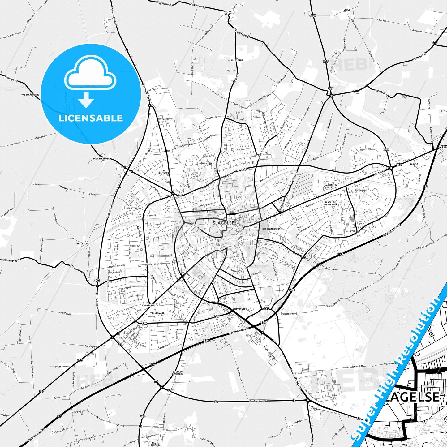 Slagelse, Denmark Light Map with Street Names, City Names, and Districts