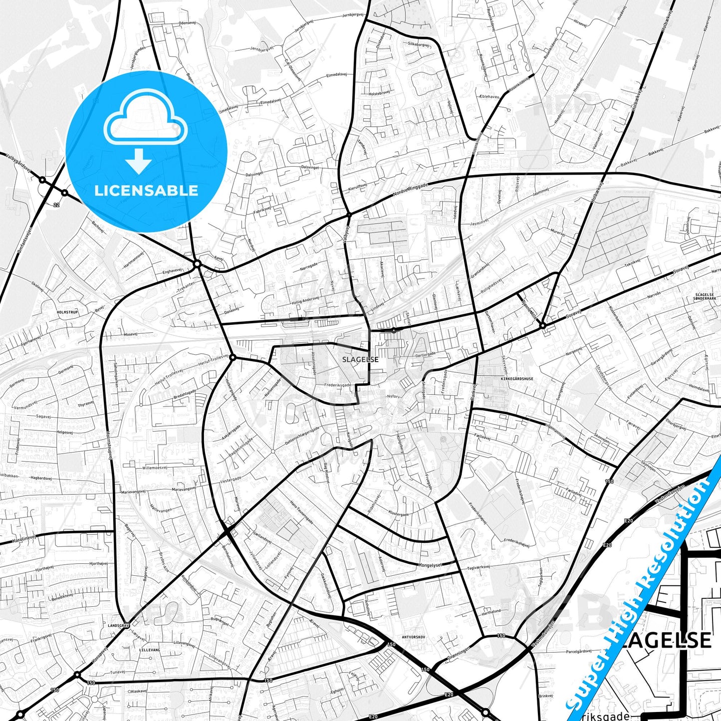 Slagelse, Denmark Light Map with Street Names, City Names, and Districts