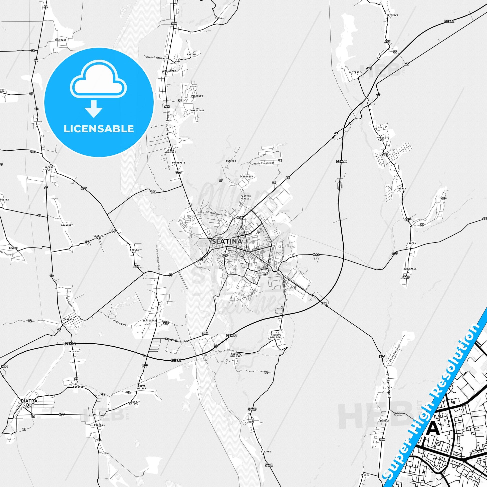 Slatina, Romania light map with streetnames, citynames and districts