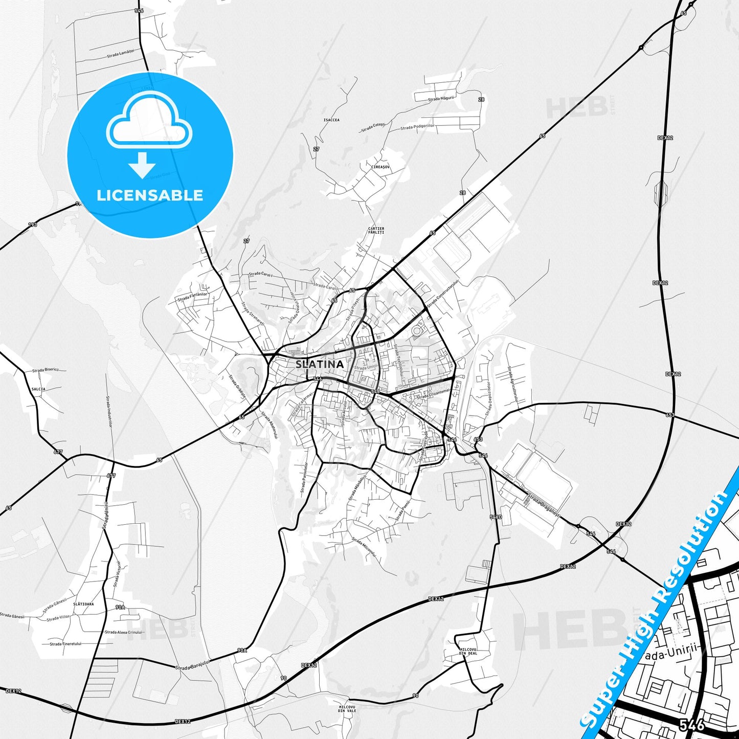 Slatina, Romania Light Map with Street Names, City Names, and Districts