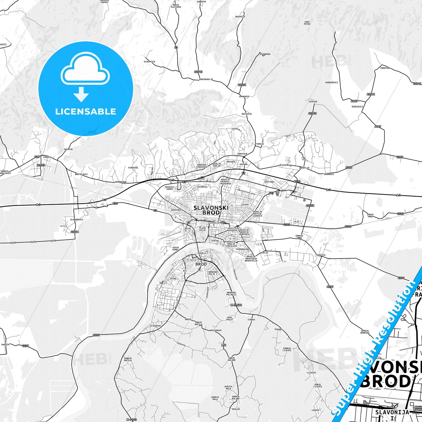 Slavonski Brod, Croatia light map with streetnames, citynames and districts