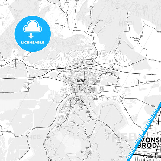 Slavonski Brod, Croatia light map with streetnames, citynames and districts